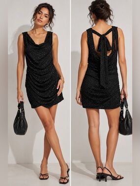 Lucy in the Sky Black Sparkle Cowl Mini Dress with Tie-Back Ruched Mini Dress